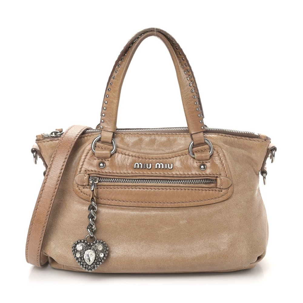 MIU MIU Vitello Lux Crystal Heart Charm Tote in beige calfskin Leather